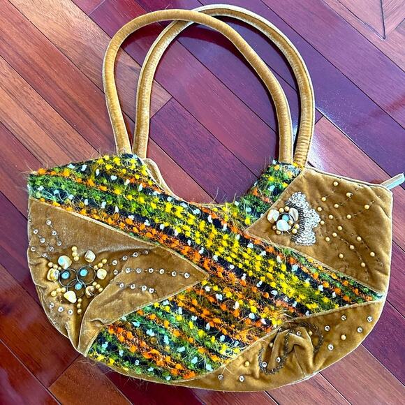 ERMO Handbags - Vintage Velvet Boho Bag Beaded Embellished Crescent Moon Purse ERMO Caramel Tan